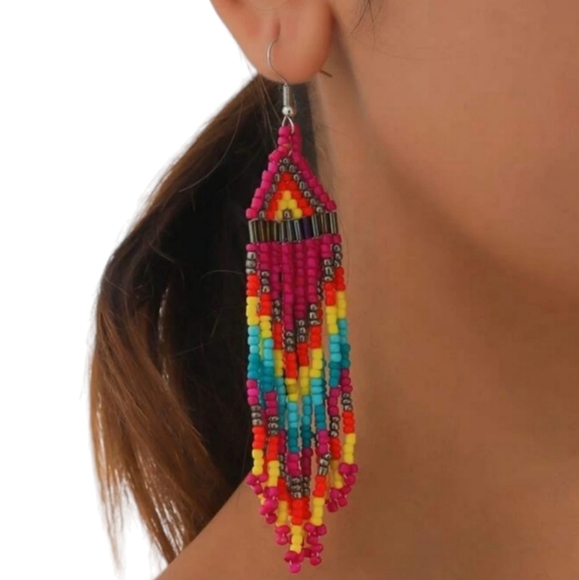 New! Long Beaded Boho Style Tassel Earrings - Picture 3 of 5